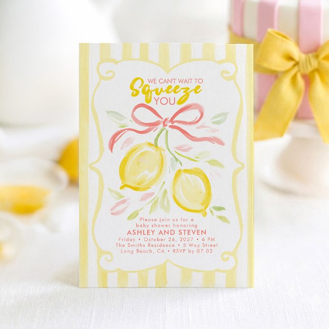 We Can’t Wait to Squeeze You Lemon Bow Baby Shower Invitation (Lemon Baby Shower Invitation)