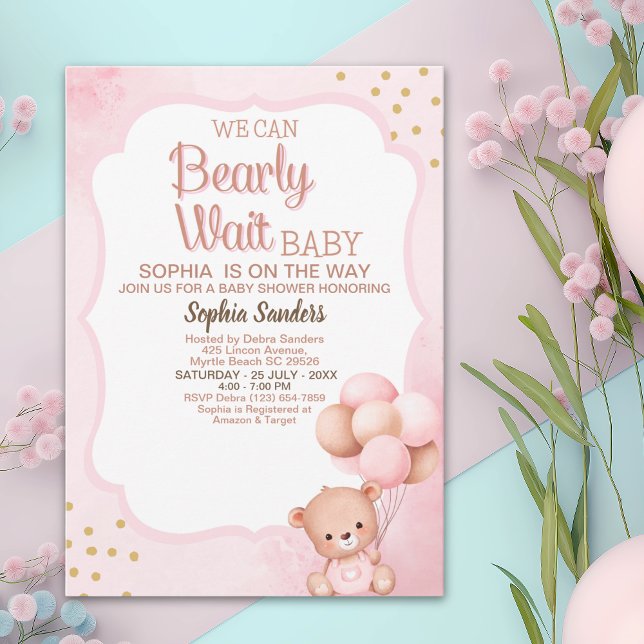 We can't wait any more Nice bear Rosa Baby shower Invitation (Creator Uploaded)