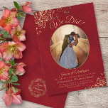 We Did! Gold Curls Crimson Red Wedding Reception Invitation<br><div class="desc">This beautiful wedding reception or after party invitation features an elegant script title reading "We Did!" It has a simple yet elegant design with fancy gold script lettering on a marbled crimson red coloured background, and your photo in an oval frame surrounded by ornate faux foil curls and swirls. Perfect...</div>