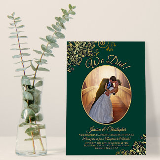 We Did! Gold Curls on Emerald Wedding Reception Invitation