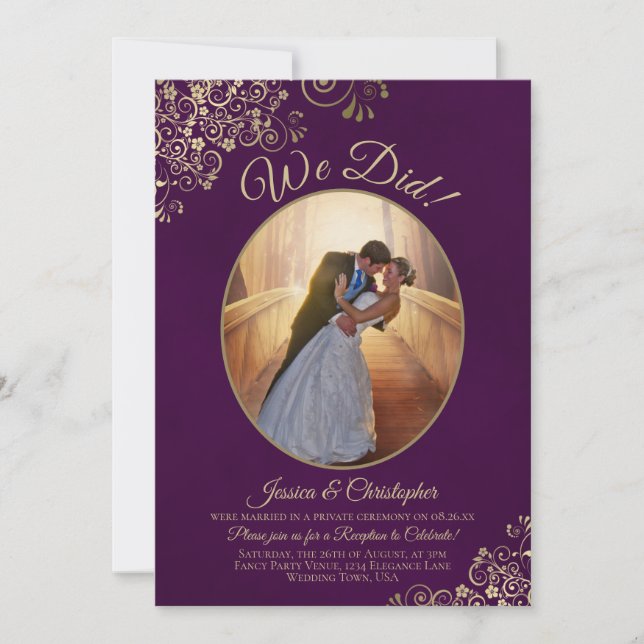 We Did! Gold Curls Plum Purple Wedding Reception Invitation (Front)