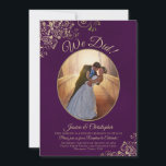 We Did! Gold Curls Plum Purple Wedding Reception Invitation<br><div class="desc">This beautiful wedding reception or after party invitation features an elegant script title reading "We Did!" It has a simple yet elegant design with fancy gold script lettering on a deep plum purple background, and your photo in an oval frame surrounded by ornate faux foil curls and swirls. Perfect for...</div>