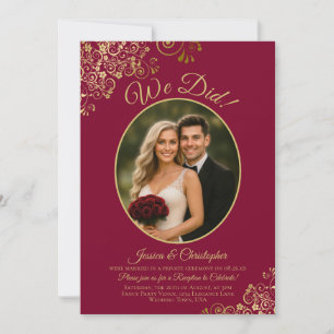 We Did! Gold Lace on Burgundy Wedding Reception Invitation