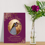 We Did! Gold Lace on Magenta Wedding Reception Invitation<br><div class="desc">This beautiful wedding reception or after party invitation features an elegant script title reading "We Did!" It has a simple yet elegant design with fancy gold script lettering on a cassis purple, magenta, or berry coloured background, and your photo in an oval frame surrounded by faux foil lace frills. Perfect...</div>