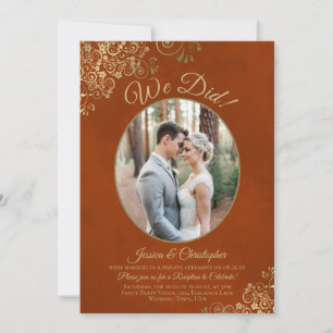 We Did! Gold Lace on Rust Orange Wedding Reception Invitation