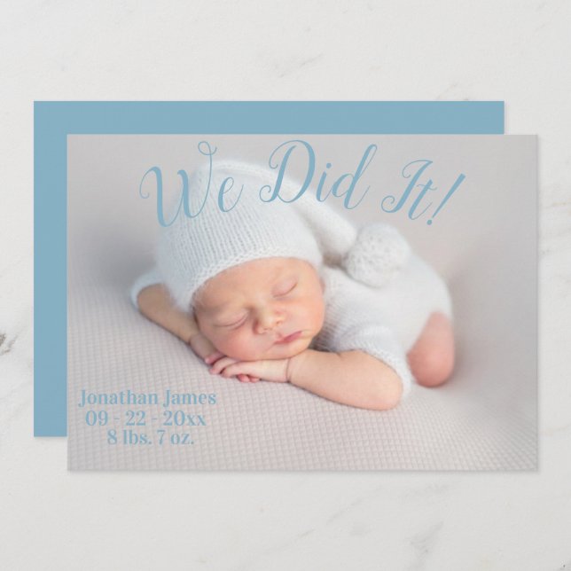 We Did It Photo Stats Script Baby Boy Blue Birth Announcement (Front/Back)