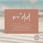 We Did Modern Wedding Elopement Reception Dinner Invitation<br><div class="desc">Mark the beginning of your forever with elegance using our contemporary terracotta brown earthy themed wedding elopement reception dinner party celebration invitation card, "We did". Perfect for couples extending their joyous occasion, this invitation exudes sophistication with a hint of playfulness, setting the stage for a memorable event. Adorned with a...</div>