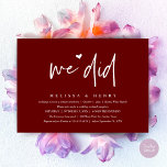We Did Modern Wedding Elopement Reception Dinner Invitation<br><div class="desc">Mark the beginning of your forever with elegance using our contemporary classy burgundy wine red themed wedding elopement reception dinner party celebration invitation card, "We did". Perfect for couples extending their joyous occasion, this invitation exudes sophistication with a hint of playfulness, setting the stage for a memorable event. Adorned with...</div>