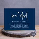 We Did Modern Wedding Elopement Reception Dinner Invitation<br><div class="desc">Mark the beginning of your forever with elegance using our contemporary classy navy blue themed wedding elopement reception dinner party celebration invitation card, "We did". Perfect for couples extending their joyous occasion, this invitation exudes sophistication with a hint of playfulness, setting the stage for a memorable event. Adorned with a...</div>