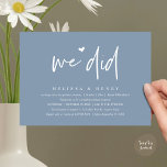 We Did Modern Wedding Elopement Reception Dinner Invitation<br><div class="desc">Mark the beginning of your forever with elegance using our contemporary classy dusty blue themed wedding elopement reception dinner party celebration invitation card, "We did". Perfect for couples extending their joyous occasion, this invitation exudes sophistication with a hint of playfulness, setting the stage for a memorable event. Adorned with a...</div>
