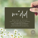We Did Modern Wedding Elopement Reception Dinner Invitation<br><div class="desc">Mark the beginning of your forever with elegance using our contemporary rustic olive green themed wedding elopement reception dinner party celebration invitation card, "We did". Perfect for couples extending their joyous occasion, this invitation exudes sophistication with a hint of playfulness, setting the stage for a memorable event. Adorned with a...</div>