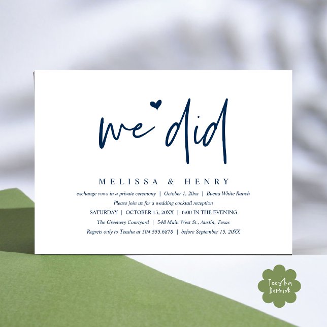We Did Modern Wedding Elopement Reception Dinner Invitation (We Did Modern Wedding Elopement Reception Dinner Party Invitation Card PDF Contemporary Navy Blue)