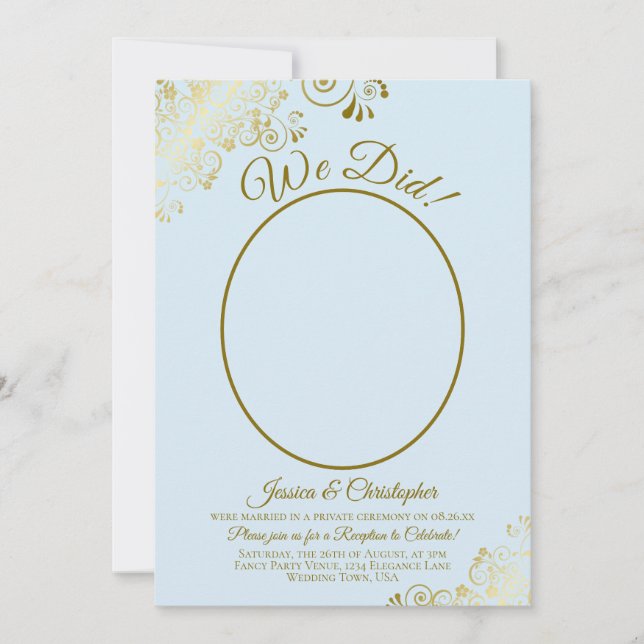 We Did! Powder Blue & Gold Lace Wedding Reception Invitation (Front)
