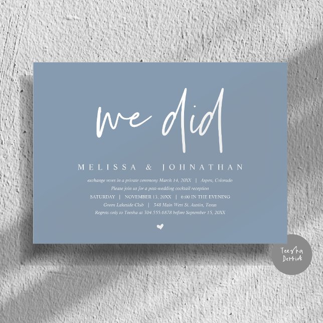 We Did, Wedding Elopement Party, Modern Minimalist Invitation (We Did, Wedding Elopement Dinner Invitation Card, PDF, Modern Minimalist, in Dusty Blue)
