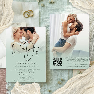 We Do 2 Photo Overlay Script QR Code Sage Wedding  Invitation