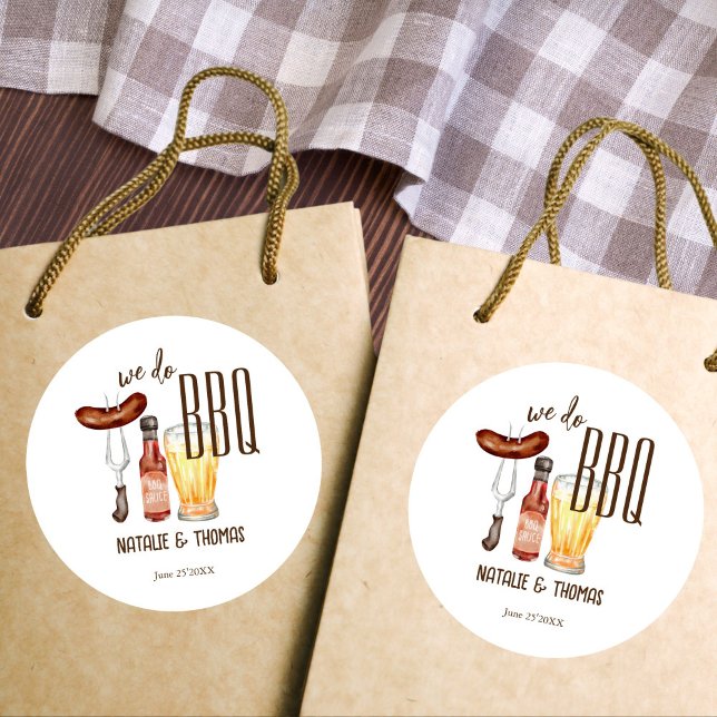 We do BBQ barbecue bridal shower couples shower Classic Round Sticker (We do BBQ barbecue bridal shower couples shower favors  Stickers)