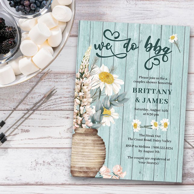 We Do Bbq Daisy and Coastal Wood Couples Shower Invitation (We do BBQ couples shower invitation)