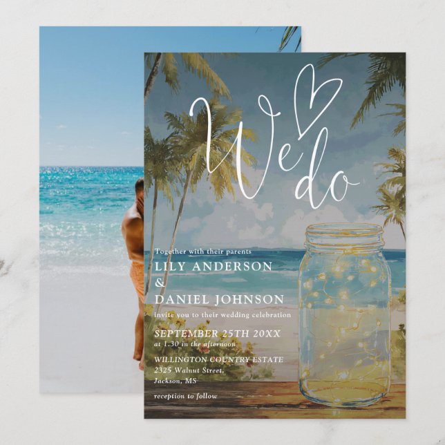 We Do Beach Palm Tree Mason Jar Photo Wedding Invitation (Front/Back)
