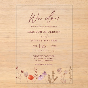 We Do! Boho Botanical Rustic Wildflower Wedding Acrylic Invitations