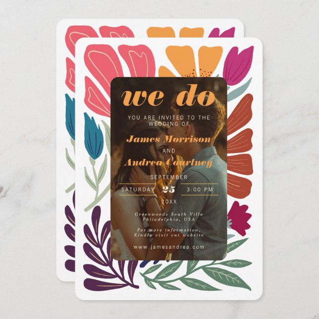 We Do Boho Chic Retro Colourful Photo FloralWeddin Invitation (Front/Back)