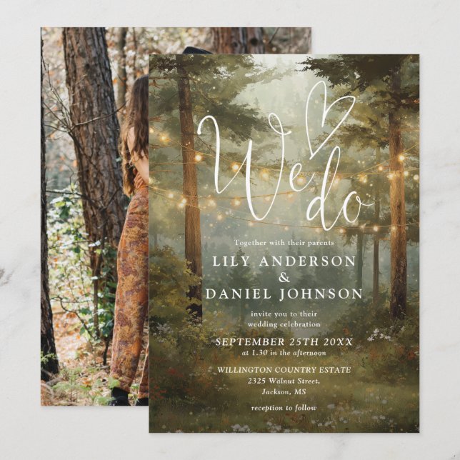We Do Boho Forest String Lights Wedding Photo Invitation (Front/Back)