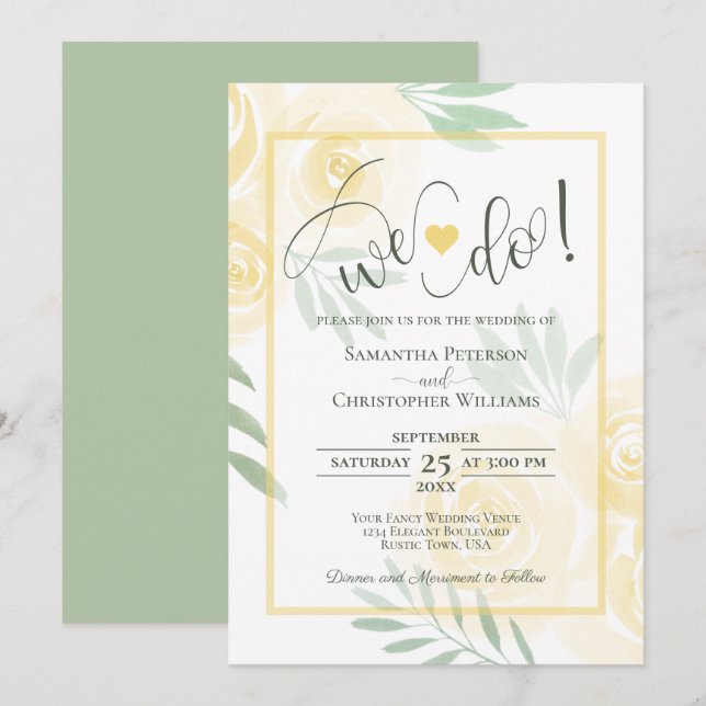 We Do! Butter Yellow & Sage Boho Roses Wedding Invitation (Front/Back)