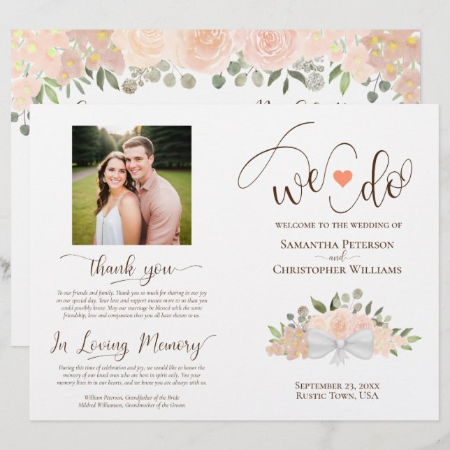 We Do! Coral Peach Roses DIY Fold Wedding Program (Front/Back)