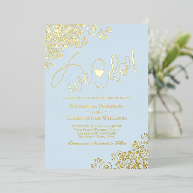 We Do! Cute Modern Wedding Powder Blue & Gold (Standing Front)