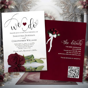 We Do! Elegant Burgundy Rose QR Code Wedding Invitation
