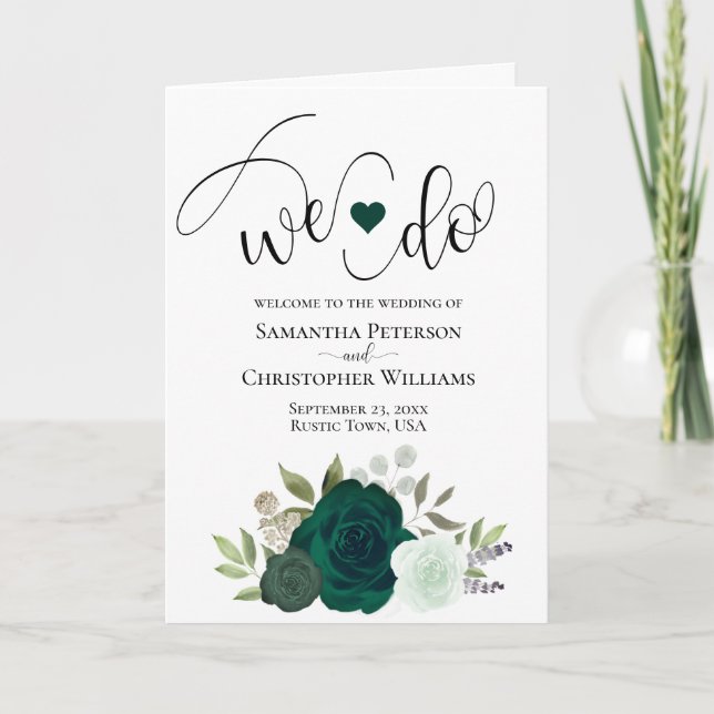 We Do Elegant Emerald Green Boho Roses Wedding Programme (Front)