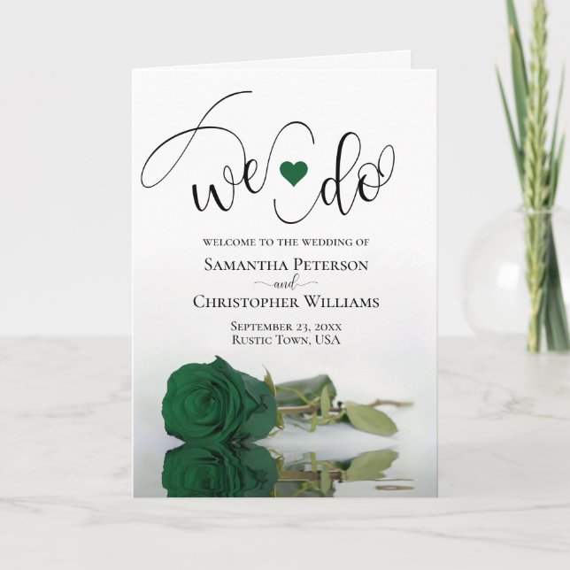 We Do Elegant Emerald Green Rose Wedding Programme (Front)