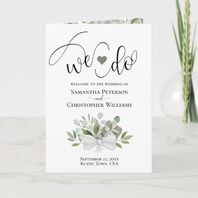 We Do Elegant Eucalyptus Rustic Bouquet Wedding Programme (Front)
