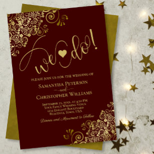 We Do! Elegant Frilly Auburn Brown & Gold Wedding Invitation
