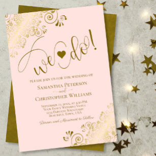 We Do! Elegant Frilly Blush Pink & Gold Wedding Invitation