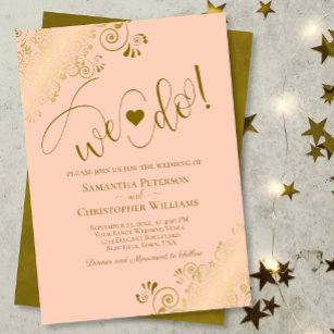 We Do! Elegant Frilly Coral Peach & Gold Wedding Invitation