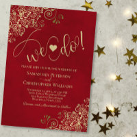 We Do! Elegant Frilly Crimson Red & Gold Wedding