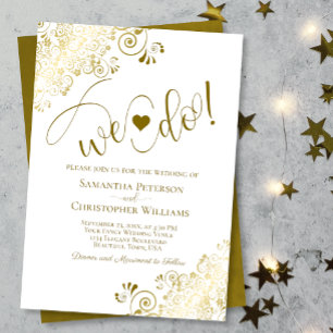 We Do! Elegant Frilly Gold & White Wedding Invitation