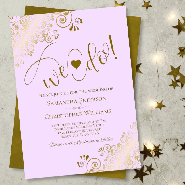 We Do! Elegant Frilly Lilac Purple & Gold Wedding Invitation (Creator Uploaded)