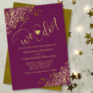 We Do! Elegant Frilly Magenta Berry & Gold Wedding Invitation
