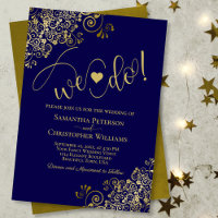 We Do! Elegant Frilly Navy Blue & Gold Wedding
