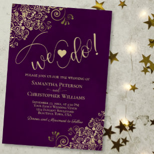 We Do! Elegant Frilly Plum Purple & Gold Wedding Invitation