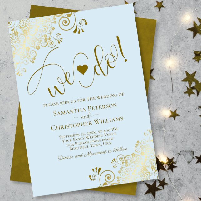 We Do! Elegant Frilly Powder Blue & Gold Wedding Invitation (Creator Uploaded)