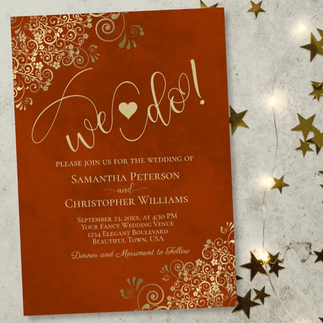 We Do! Elegant Frilly Rust Orange & Gold Wedding Invitation (Creator Uploaded)