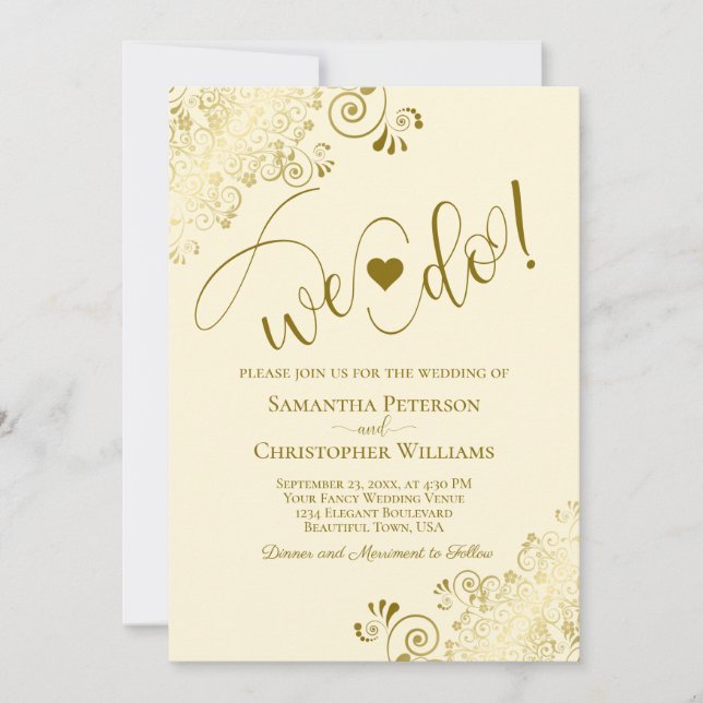 We Do! Elegant Gold & Cream w/ Details Wedding Invitation (Front)