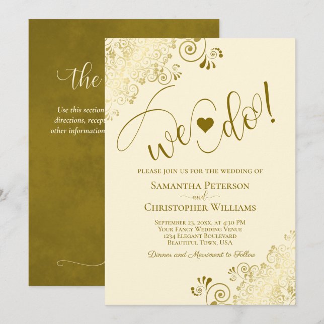 We Do! Elegant Gold & Cream w/ Details Wedding Invitation (Front/Back)