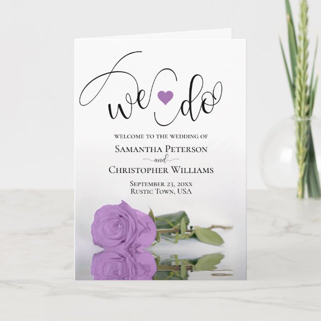 We Do Elegant Lilac Purple Rose Folded Wedding Programme (Front)