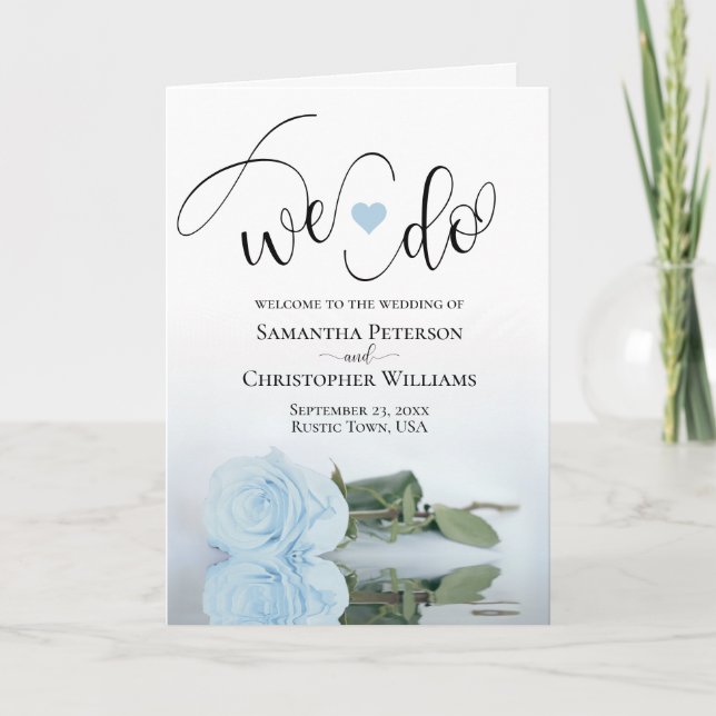 We Do Elegant Pale Blue Rose Folded Wedding Programme (Front)