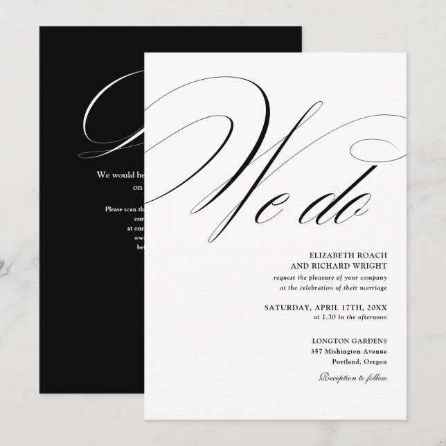 We Do Elegant QR Code Black And White Wedding Invitation (Front/Back)