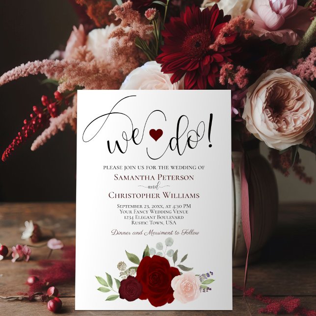 We Do! Elegant Red & Pink Roses Boho Wedding Invitation (Creator Uploaded)