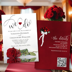 We Do! Elegant Red Rose QR Code Details Wedding Invitation